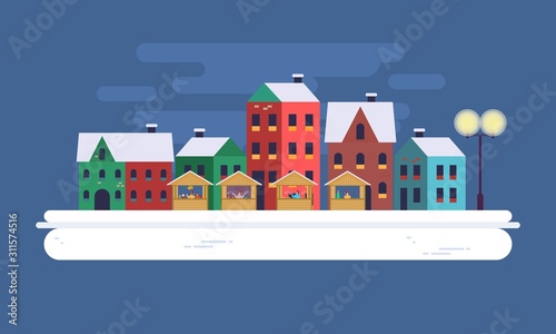 Winter city and christmas market banner illustration vector