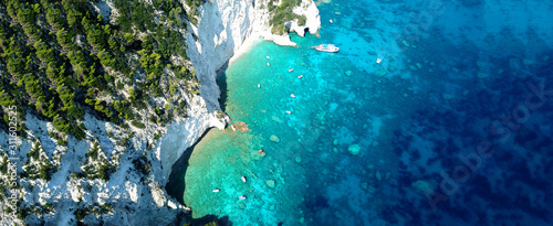 Aerial drone ultra wide photo of paradise white bay with turquoise clear sea in island of Kefalonia, Ionian, Greece