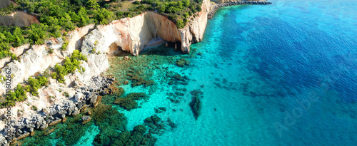 Aerial drone ultra wide photo of paradise white bay with turquoise clear sea in island of Kefalonia, Ionian, Greece