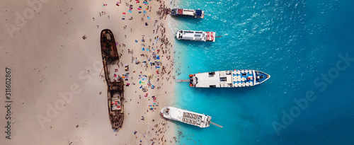 Aerial drone ultra wide photo of iconic shipwreck beach in island of Zakynthos, Ionian, Greece