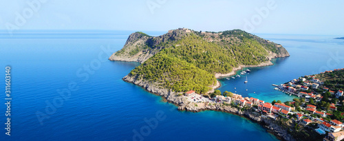 Aerial drone ultra wide photo of iconic village of Assos in Kefalonia island, Ionian, Greece