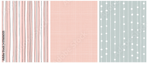 Hand Drawn Childish Style Seamless Vector Patterns.White,Black and Gray Vertical Stripes on a Pink Background. White Grid On a Pink.White Tiny Lines with Dots on a Light Green.Simple Geometric Prints.