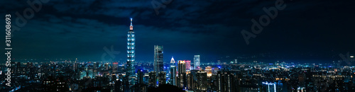 Panoramic city view. Cityscape of Taipei. Night Panorama Taipei Tower. Skyline.