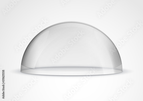 Glass dome container mock-up. Plastic dome model cover for exhibition isolated. Blank vector transparent dome