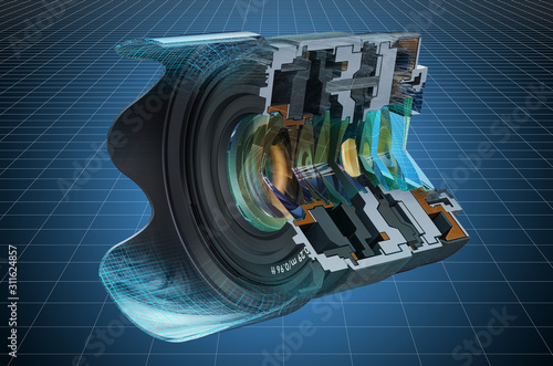 Visualization 3d cad model of sectional of camera lens, fixed focal length lens. 3D rendering