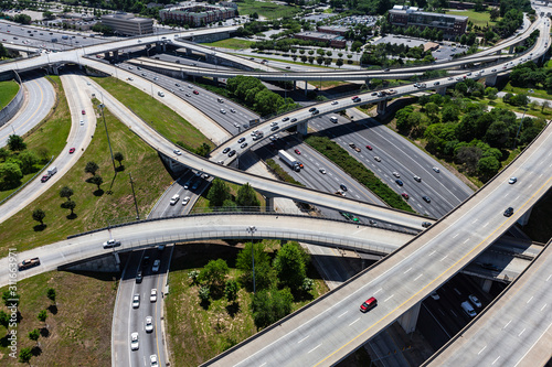 Aerial view of Interstate 85 and Interstate 20 interchange ramps and bridges in Atlanta Georgia. 