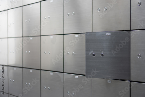 Metal safe box panel wall with open one. Concept for security and banking protection.