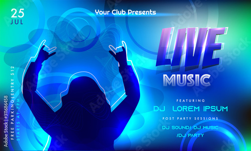 Live Music Invitation, Banner or Flyer Design with Silhouette Dancing Female and Event Details on Gradient Abstract Background.