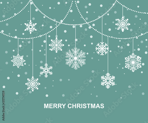 Christmas card with hanging snowflake. Vector flat illustration.