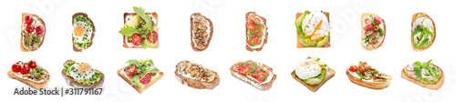 Different tasty sandwiches on white background