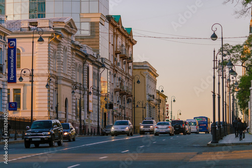 Vladivostok, RUSSIA - Central Street of Vladivostok. Deserted streets of Vladivostok at dawn hour.