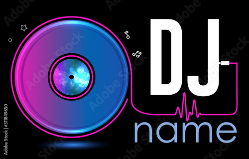 Dj Logo Design. Creative vector logo design with vinyl record. Music logotype template. For accessory, brand, identity, logotype, company, shop, dj party. Black background. Mp3 sign.