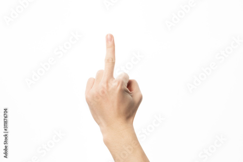 Human hand in raising middle finger gesture isolate on white background