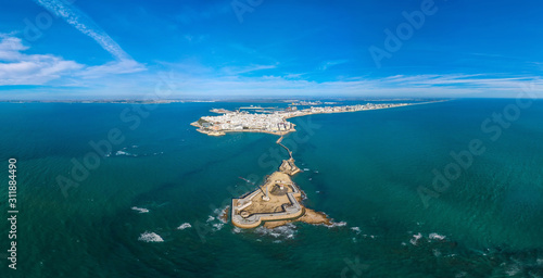 Panoramic aerial view of the city of Cadiz and the Castle of San Sebastian. Spain