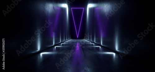 Sci Fi Futuristic Neon Glowing Triangle Dark Long Tall Hallway Concrete Grunge Path Blue White Lights Atmospheric Night Road Alien Spaceship Garage Underground 3D Rendering
