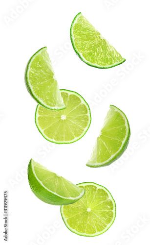 Collage of falling limes on white background