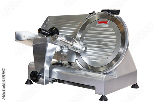 Modern Semi automatic frozen meat slicer electric machine for food industrial isolated on white background with clipping path