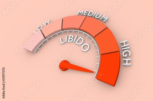 Scale with arrow. The libido level measuring device icon. Sign tachometer, speedometer, indicators. Infographic gauge element. 3D rendering