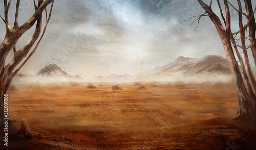 Fantasy desert landscape with hills and clouds of dust
