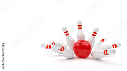 3D Bowling ball and pins, strike bowling isolated on white background.