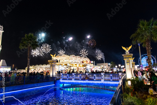 People enjoying fireworks in Duabai Global village the most visited tourist attractions in the United Arab Emirates