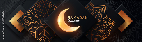 Ramadan background. Creative modern design with geometric arabic gold pattern on textured black background and shining golden crescent moon. Islamic holy holiday Ramadan Kareem. Greeting card, banner