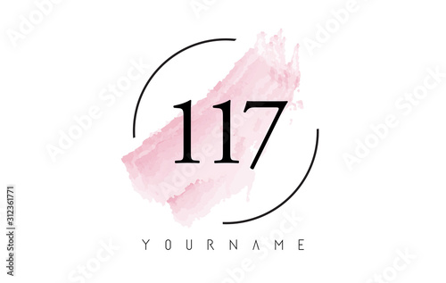 Number 117 Watercolor Stroke Logo Design with Circular Brush Pattern.