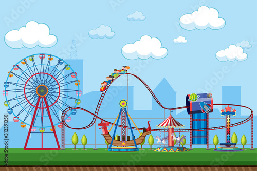 Amusement park scene with rides