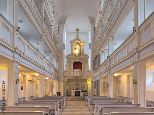 Interior of Jakobskirche (St. James Church) in Weimar, Germany. The first church in this location was built in 1168. The present church ws built in 1713.