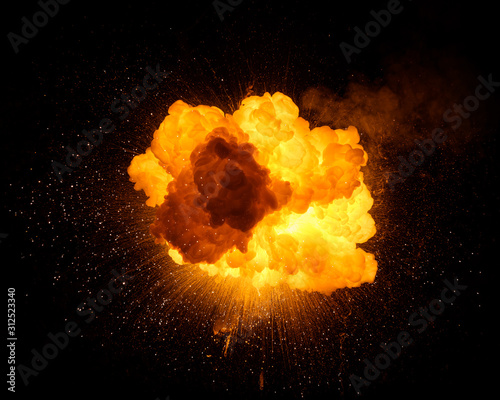 Fiery bomb explosion with sparks isolated on black background. Fiery detonation.