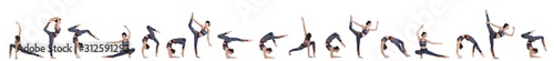 Collage of professional young acrobat exercising on white background. Banner design