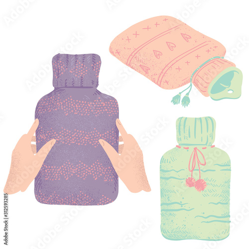 Set of rubber hot water bottles in knitted covers, vector illustration