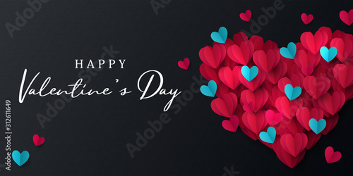 Happy Valentine's Day banner. Holiday background design with big heart made of pink, red and blue Origami Hearts on black fabric background. Horizontal poster, flyer, greeting card, header for website