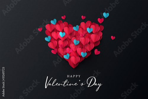 Happy Valentine's Day banner. Holiday background design with big heart made of pink, red and blue Origami Hearts on black fabric background. Horizontal poster, flyer, greeting card, header for website