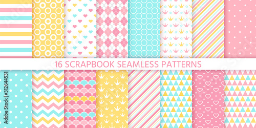 Scrapbook seamless pattern. Vector. Cute birthday prints. Set textures with polka dot, stripe, zigzag, heart, crown, fish scale. Pastel illustration. Retro background. Geometric trendy color backdrop.