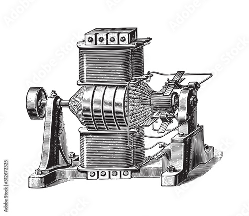 Electricity machine (dynamo electric) - Siemens 1873 / vintage illustration from Brockhaus Konversations-Lexikon 1908