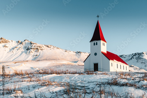 A typical church of Iceland. Very well composited Icelandic church in the beautiful landscape. Gorgeous scenery of the Vik town. Incredible winter behind the arctic circle. Tourism
