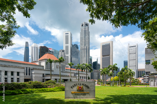 Singapore Parliament building in front of Singapore business district skyline financial downtown building at Marina Bay, Singapore. Asian tourism, modern city life, or business finance 