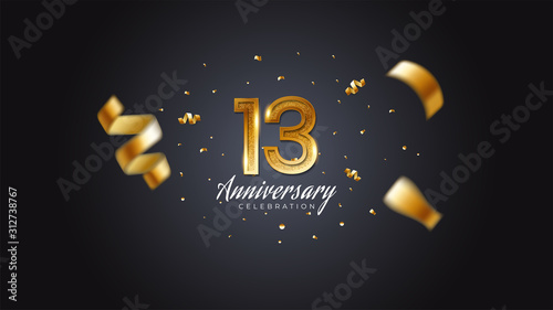 13th anniversary celebration Gold numbers with dotted halftone, shadow and sparkling confetti. modern elegant design with black background. for wedding party event decoration. Editable vector EPS 10