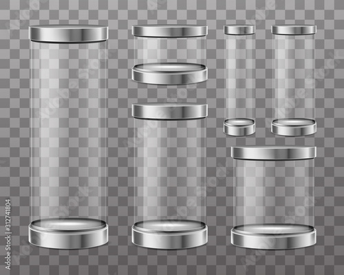 Empty cylinder capsule, clear showcase isolated on transparent background. Vector mockup of round boxes different sizes with steel caps, blank circle stand for exhibition in gallery, museum