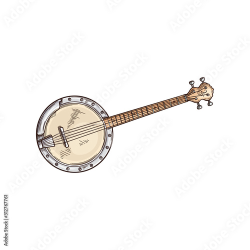 American banjo isolated retro musical instrument. Vector four string banjo guitar, chordal accompaniment