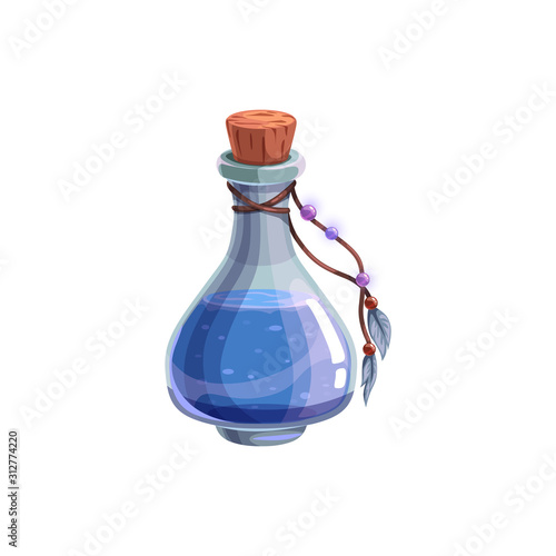 Mysterious Halloween witch potion isolated bottle with blue elixir and feathers. Vector liquid in glass jar