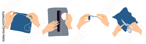 Vector set of seamstress hands. The hands of a man who sews, draws on a lazy cloth, unwinds blue threads, cuts fabric. Hands of human hands in different actions in the style of a flat.