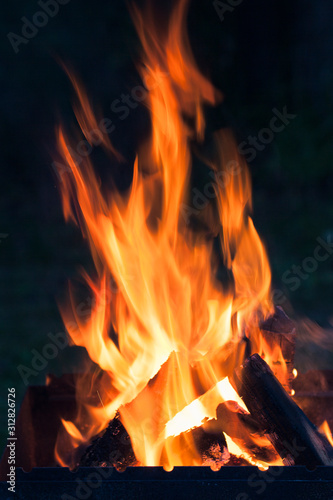 Macro shot of open fire. Campfire photo with shallow depth of field