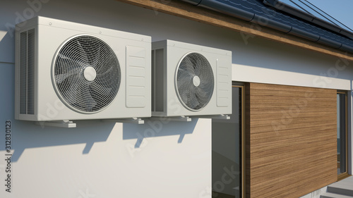 Air conditioner system - two air compressors on house, 3D illustration