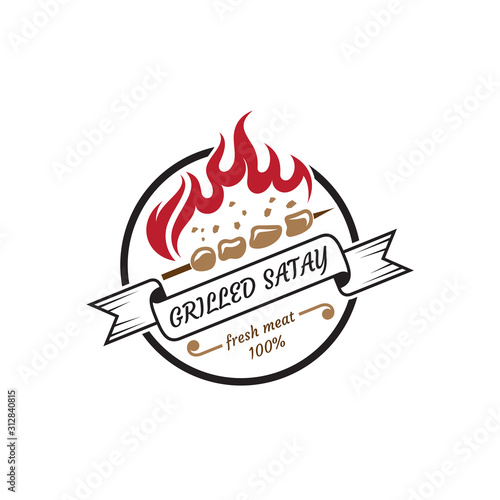 Satay vintage logo design concept, emblem satay grill logo, traditional culinary food logo template