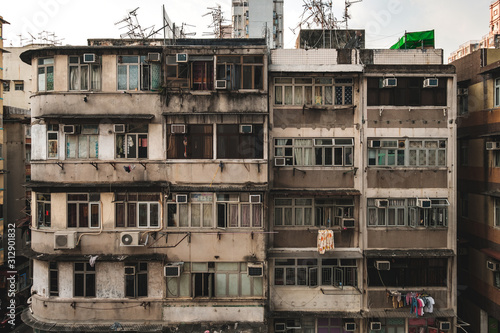 old building facade, run down house exterior, HongKong -