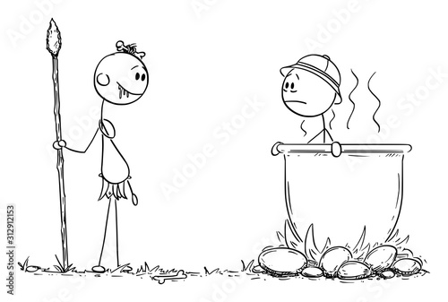 Vector cartoon stick figure drawing conceptual illustration of native cannibal man salivating, while looking at European or Western Traveler cooked in big cauldron on the fireplace.