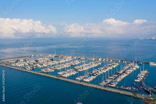 Aerial view of yachts in the marina
