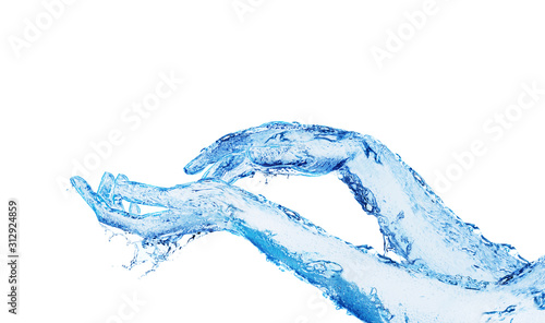 Two hands made of water touching on white